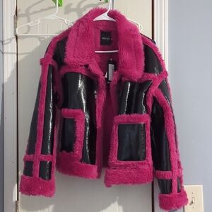 Nasty Gal Pink and Black Faux Fur Jacket
